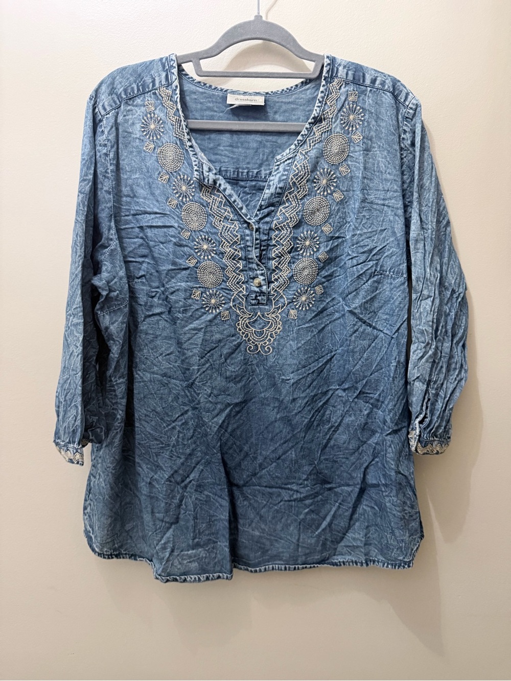 Y2K Chambray Embroidered Tribal Geometric Design Blouse 3/4 Sleeve Western Boho